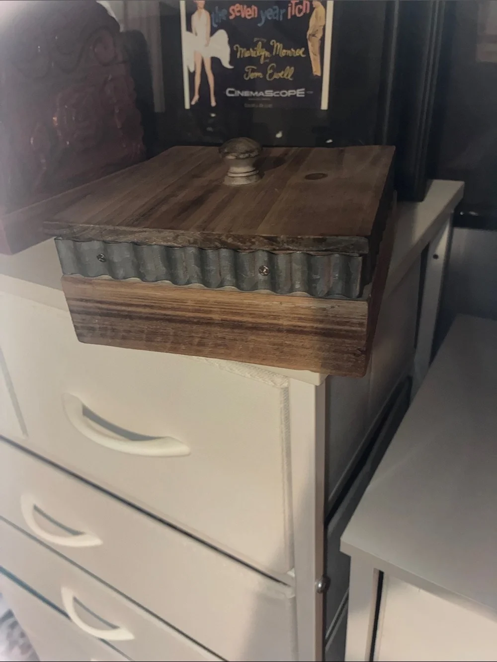 Handcrafted Wood Storage Box with Corrugated Metal Trim